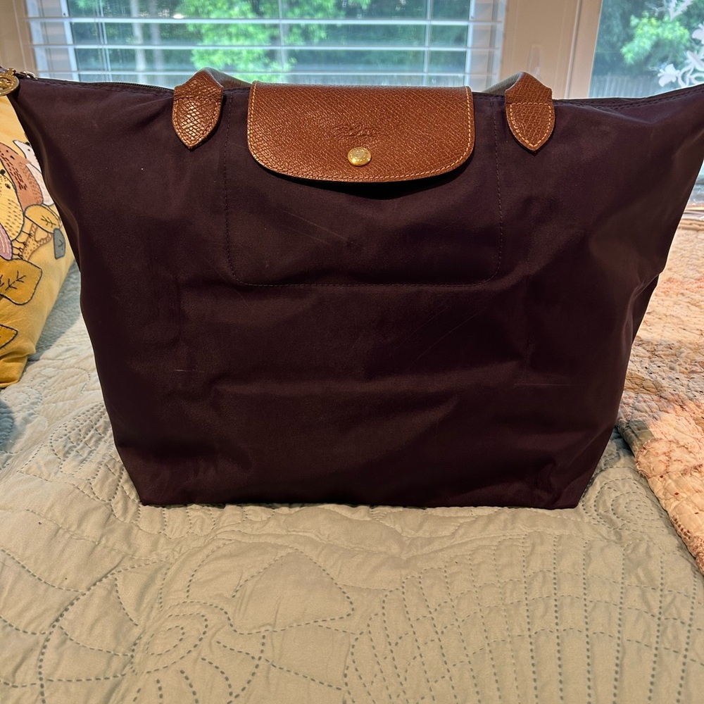 Longchamp Purple Tote with Brown Leather Trim